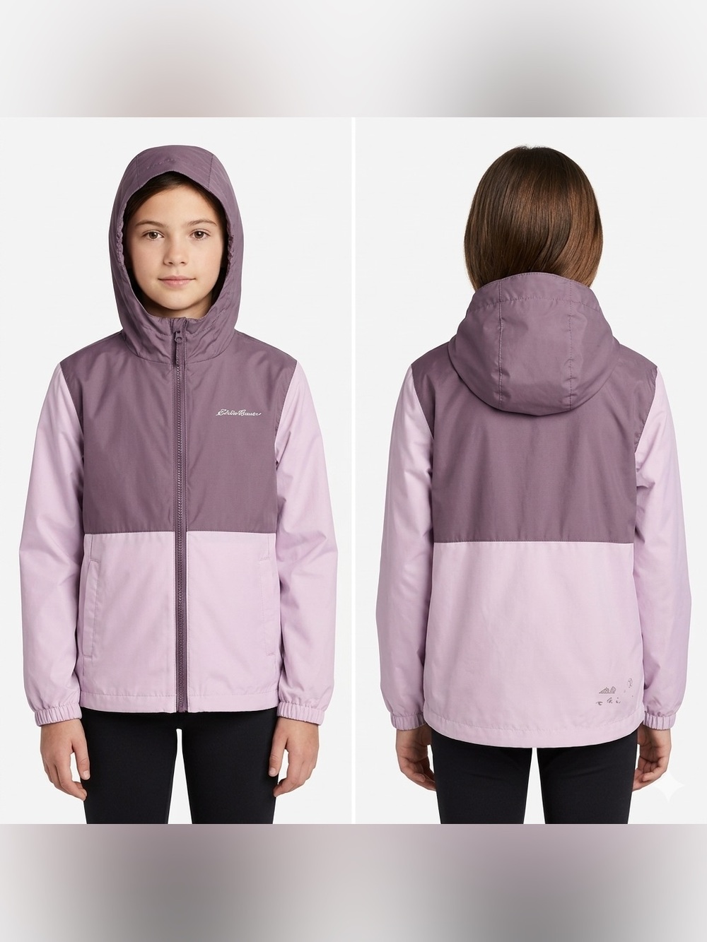 Eddie Bauer Girls' Two-Tone Hooded Rain Jacket in Mauve and Light Lavender